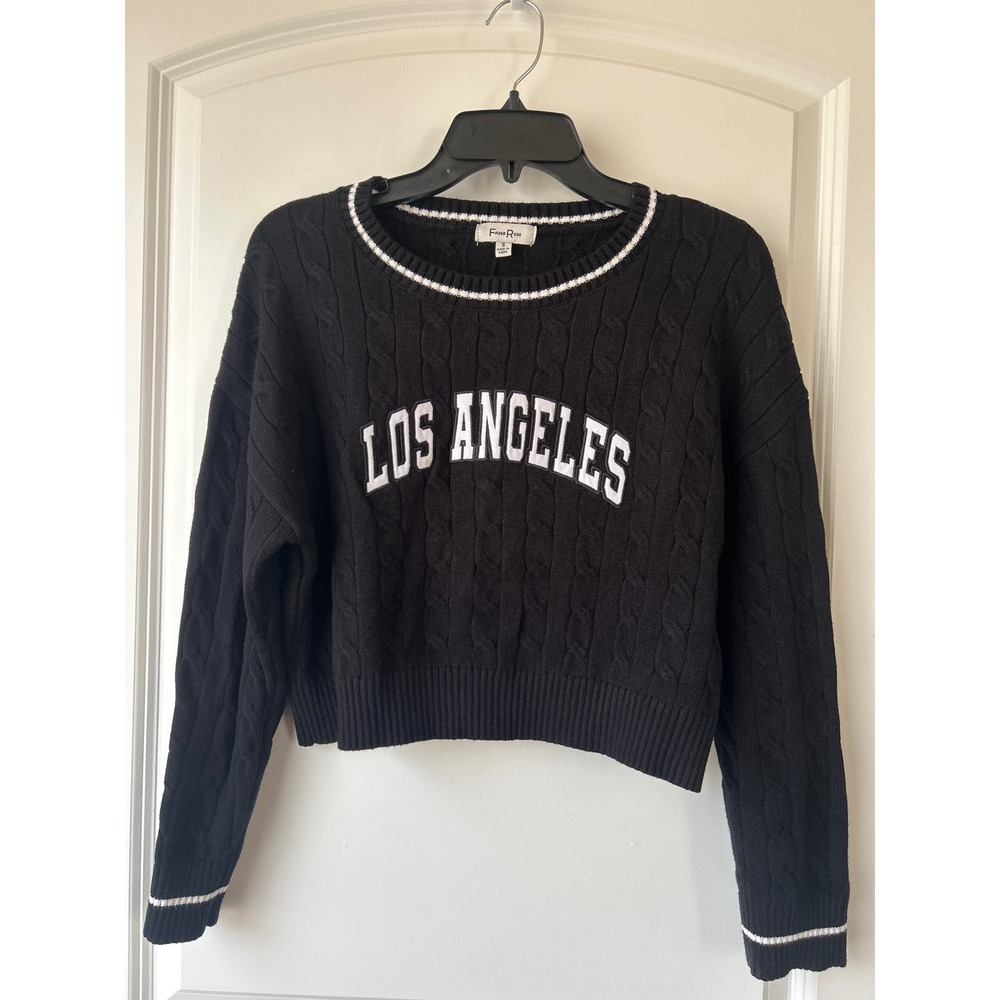 Faded Rose Los Angeles Cable Knit Cropped Sweater Black White Tipping Small NEW